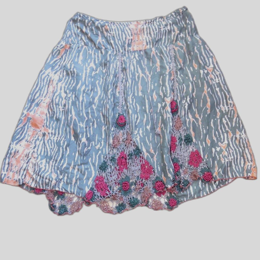 Hale Bob Vintage Y2K Boho Silk Skirt w/Crochet insets Olive/Orange M EUC - Picture 3 of 7